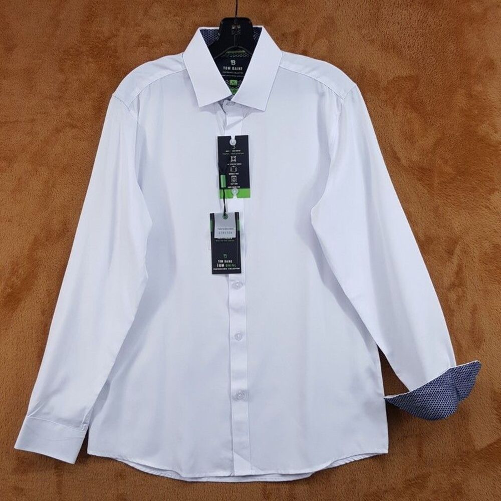 TOM BAINE Dress Shirt Mens 15 15.5 Solid White Performance Stretch Contrast Cuff